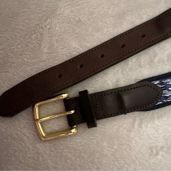 Vineyard Vines Men’s Belt S 32 Boat Blue Canvas Print Brown Leather Brass Buckle - Picture 5 of 10